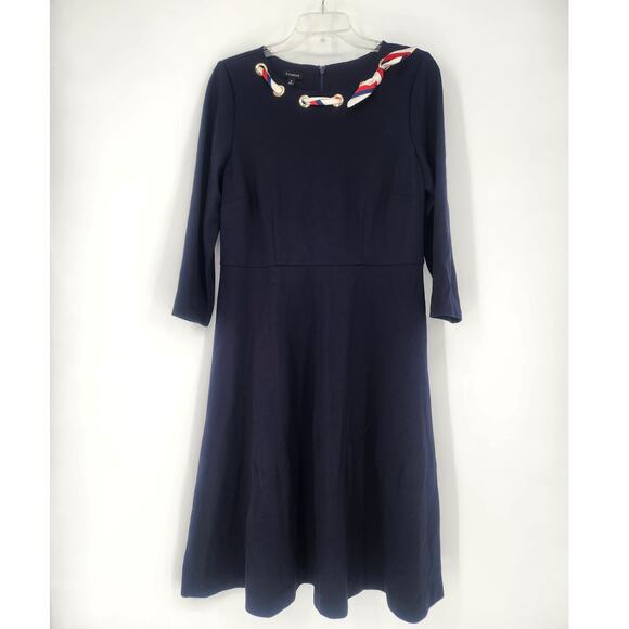Talbots Navy Fit & Flare Dress w/ Grommet Scarf Detail Size 8 - Picture 2 of 12
